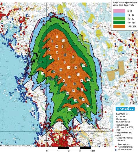 Kuva 19 5. Varjostusmallinnus tuulivoimaloiden napakorkeuden ollessa 140 metriä. 19.5.3 Toimintaan liittyvät riskit Jäätyminen Tuulivoimalasta irtoava kappale tai talviaikana irtoava lumi ja jää voivat aiheuttaa riskin tuulivoimalan lähistöllä liikkuville.