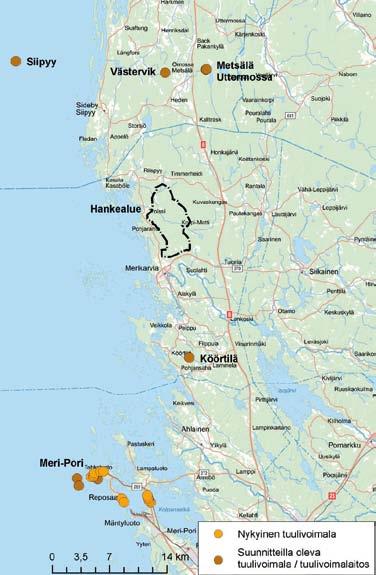 8.2 Hankkeen liittyminen lähiseudun muihin hankkeisiin 8.2.1 Muut lähiseudulla sijaitsevat tuulivoimahankkeet Toteutuneet Merikarvian lähiympäristössä ei sijaitse tuulivoimaloita.