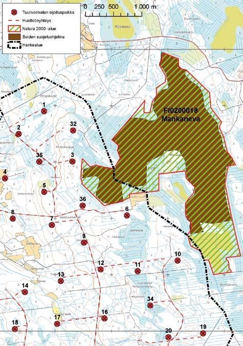 Kuva 15 1. Mankanevan Natura-alue, soidensuojeluohjelmaan kuuluva Mankaneva-Kakkurinnevan alue sekä lähimmät tuulivoimalat.