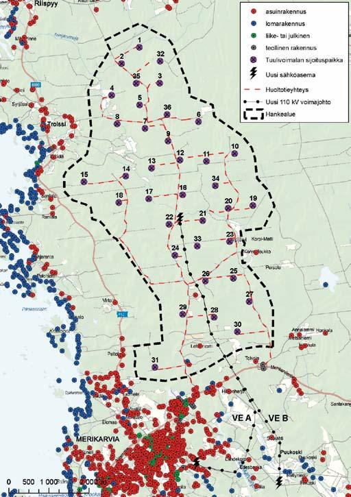 tuulivoimaloista. Riispyyn ja Timmerheidin kyläkeskittymät sijaitsevat noin 1 500-2 500 metrin etäisyydellä pohjoisimmista tuulivoimaloista.