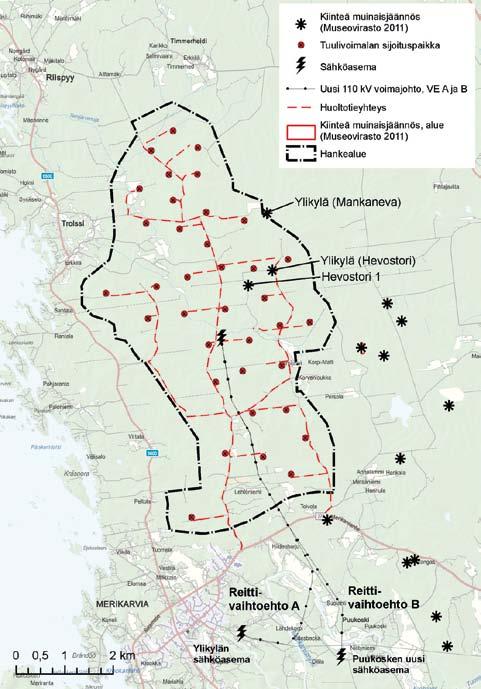 Kuva 18 2. Hankealueella ja sen läheisyydessä sijaitsevat kiinteät muinaisjäännökset (Museovirasto 2012).