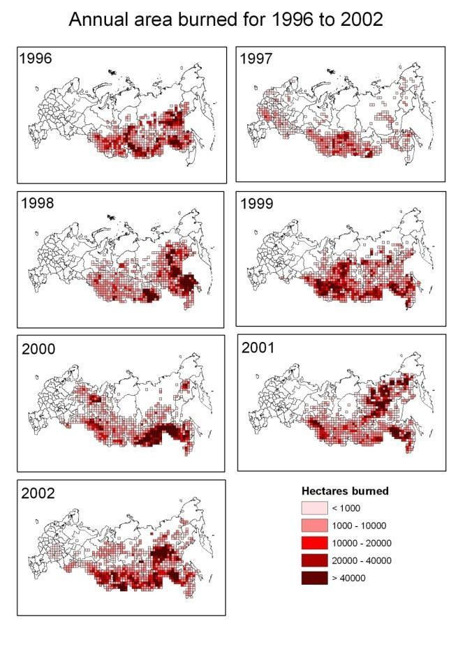 Relaatiotietokanta GIS aineistosta Venäjän metsäpalot 1996 2002, Tiettynä vuotena palaneet alueet polygon karttatasojen