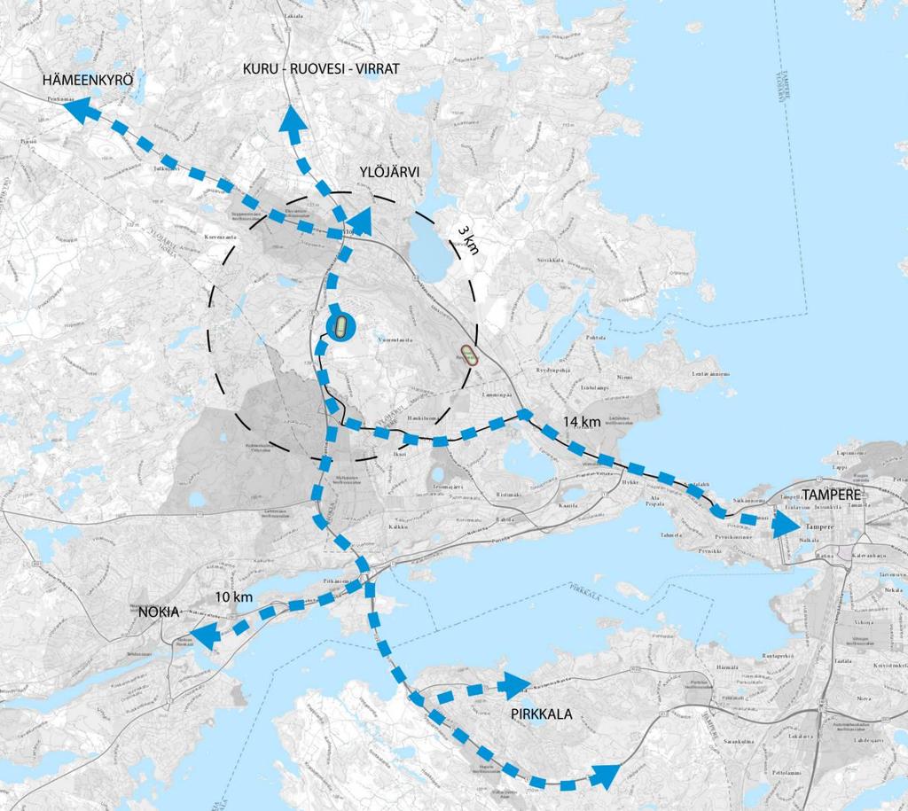 Kolmenkulman vaihtoehto (VE13) Seudullinen sijainti valtatien 3:n varrella. Seudullisesti merkittävä kehätie, josta hyvä seudullinen saavutettavuus.