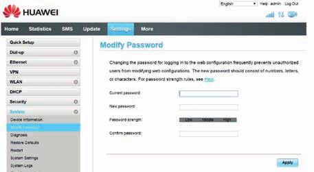 ➂ Valitse ylhäältä Settings/Asetukset ja avautuvasta valikosta vasemmalta System/ Järjestelmä. ➃ Valitse vasemmalle avautuvasta lisävalikos- Modify Password/vaihda salasana.