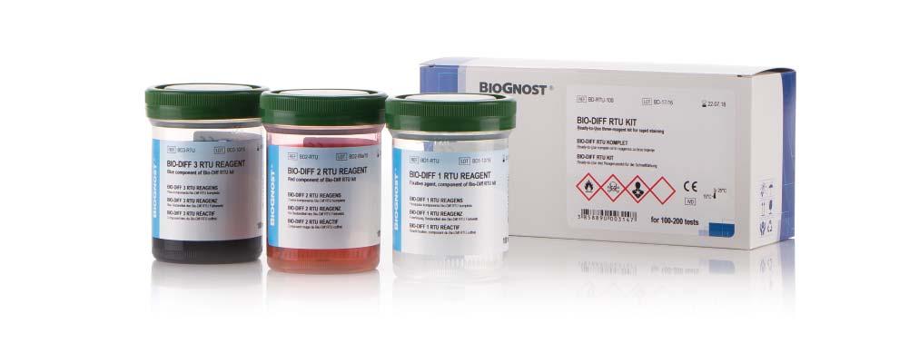 Bio-Diff RTU komplet Komplet od tri reagensa za brzo Ready-to-Use bojenje. Reagensi se nalaze unutar spremnika koji se mogu koristiti kao posudice za bojenje.