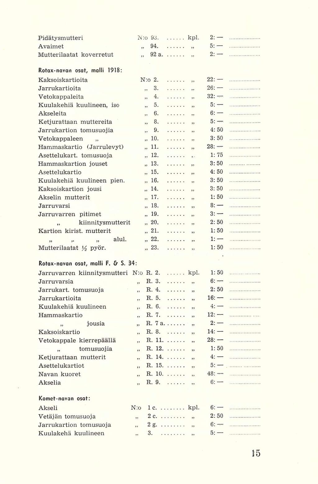 kiinnitysmutterit tomusuojia 2 2 3 R. R. R. R. R. R. R. R. R. 94 3 4 6 8 11 16 14 17 18 20 21 23 Pidätysmutteri N:o 9o kpl.