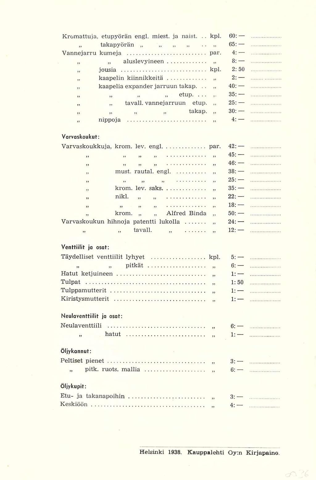 kaapelin kaapelia takap. nippoja must. krom. Alfred kpl... 50: 65: Kromattuja, etupyörän engl. miest. ja naist... 60: takapyörän Vannejarru kumeja par. 4: aluslevyineen 8: jousia kpl.