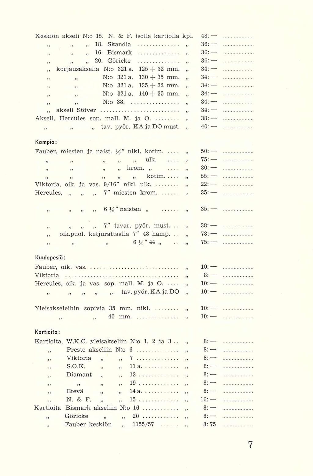 18. korjausakselia N:o N:o akseli krom. kotim 6 oik.puol. ~ ~ ~ 6 Fauber Presto S.O.K. 40 ~19 Etevä N. 7 14 1155/57.. 34: Keskiön akseli N:o 15. N. &F. isolla kartiolla kpl. 48; Skandia 3 16.