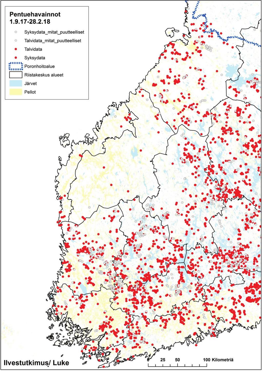 Luonnonvara- ja biotalouden tutkimus 30/2018 Kuva 11. Ilvespentuehavainnot ajalta 1.9.17 28.2.18: Läntinen alue.