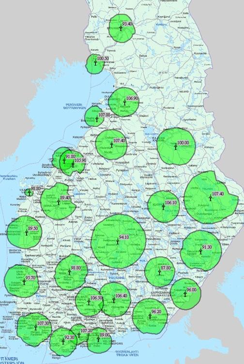 Taajuuskokonaisuus 7 (nyk. TK 9) 78% väestöpeitto Kunta Taajuus Kunta Taajuus Eurajoki 95.7 Lapua 89.4 Haapavesi 107.4 Lieksa 107.4 Helsinki 89.0 Lohja 107.2 Hollola 106.4 Mikkeli 87.