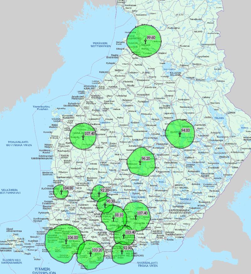 Taajuuskokonaisuus 9 (nyk. TK 8) 61% väestöpeitto Helsinki 92.9 Hollola 107.4 Hyvinkää 103.4 Hämeenlinna 88.1 Jyväskylä 96.