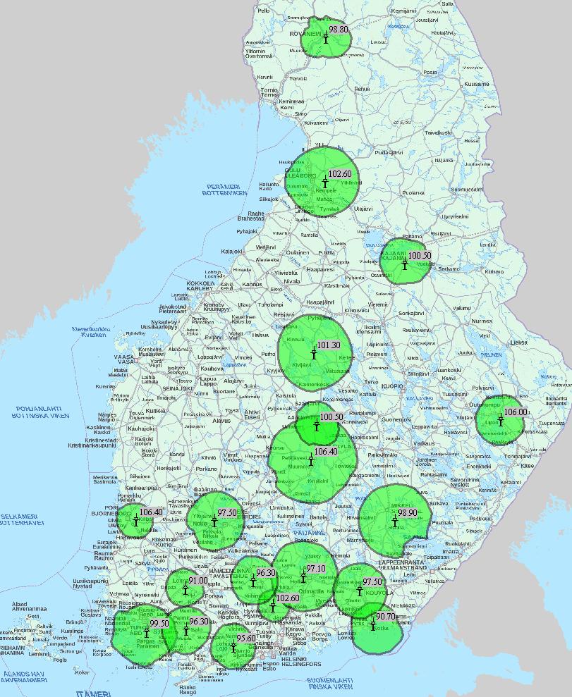 Taajuuskokonaisuus 12 (nyk. TK 15) 42% väestöpeitto Vanha TK Hausjärvi 102.6 TK15 Hollola 97.1 TK15 Hämeenlinna 96.3 TK15 Joensuu 106.0 TK15 Jyväskylä 106.4 Jyväskylä 5 Kaarina 99.5 TK15 Kajaani 100.