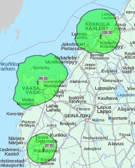 8 Vaasa 1 Kristiinankaupunki 105.7 Seinäjoki 2 Kruunupyy 94.9 Vaasa 1 Kurikka 105.9 Seinäjoki 2 Lapua 98.