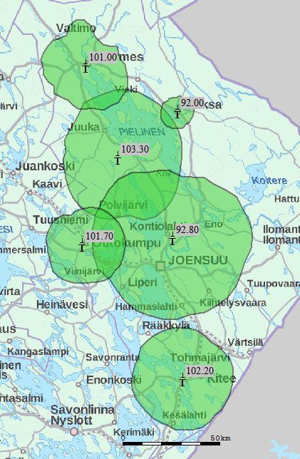 7 Kontiolahti 101.5 Juuka 103.3 Kitee 102.