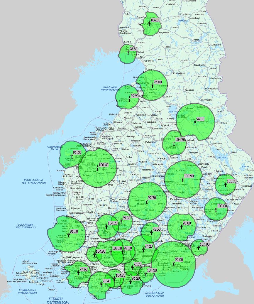 Taajuuskokonaisuus 4 (nyk. TK 4) 83% väestöpeitto Kunta Taajuus Kunta Taajuus Eurajoki 96.5 Mikkeli 93 Helsinki 92.5 94.9 Mustasaari 91.6 Hollola 94.2 89.7 Orivesi 89.3 Hyvinkää 95.7 Oulu 95.