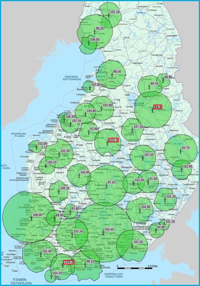 Taajuuskokonaisuus 5 (nyk. TK 5) 90% väestöpeitto Kunta Taajuus Kunta Taajuus Espoo 98.1 Mikkeli 104.8 Eurajoki 106.0 Oulu 96.4 Haapavesi 105.6 Parkano 100.2 Hanko 104.5 Pieksämäki 103.0 Hollola 104.