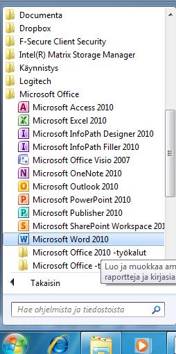 Yleistä MS Word 2010 on Microsoftin valmistama monipuolinen tekstinkäsittelyohjelma Windows-ympäristöön. Wordissa on helppo yhdistää samaan asiakirjaan tekstiä, kuvia ja dataa.