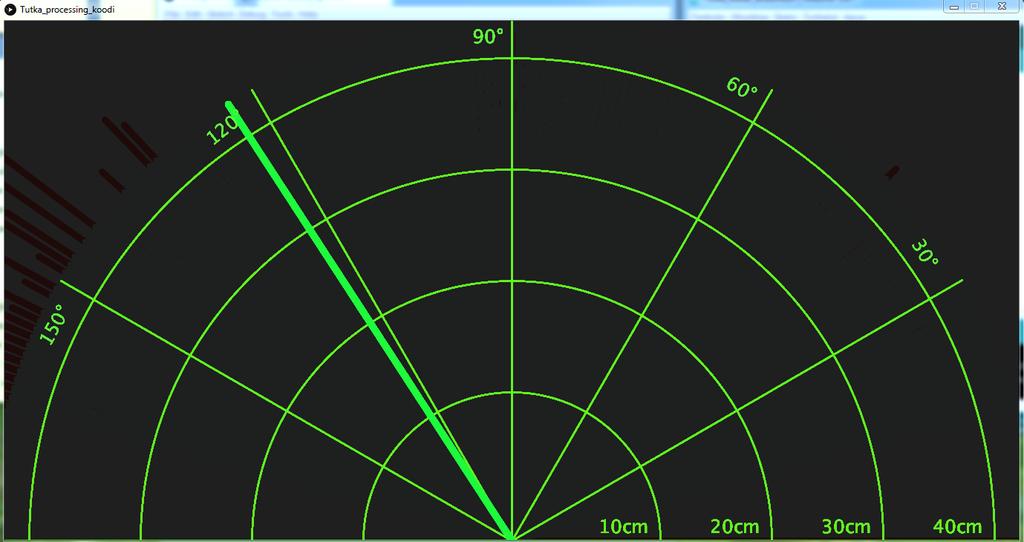 Kuva: Processing ohjelman avulla luodusta tutka näkymästä Kuva: Processing ohjelmassa tutka havaitsee esteen, joka näkyy punaisella 7 YHTEENVETO ICT-projektin tavoitteena oli tehdä toimiva