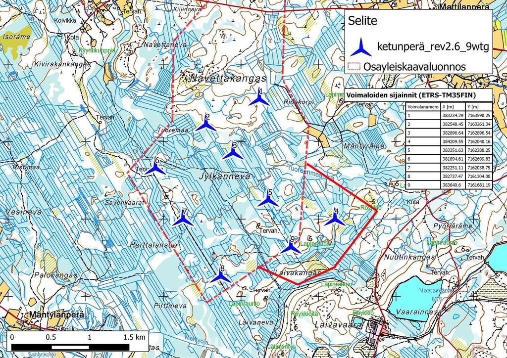 hankealueen kaakkoisen laajennusalueen (punainen yhtenäinen viiva) suunnitellut