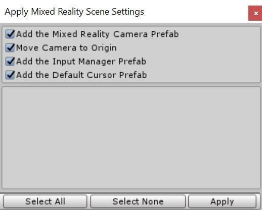 29 KUVA 24. Mixed Reality kohtaus asetusten lisäys Projekti asetukset voidaan myös valita erikseen tai tarkastaa painamalla Edit -> Project Settings -> Player (kuva 25).