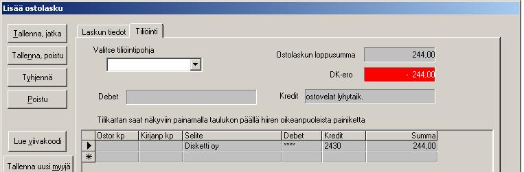 tiliöintiriville summasarakkeeseen: - nolla, joka on nettokirjauksessa kätevä, vai - ostolaskun summa Netto-valinta vaikuttaa myös