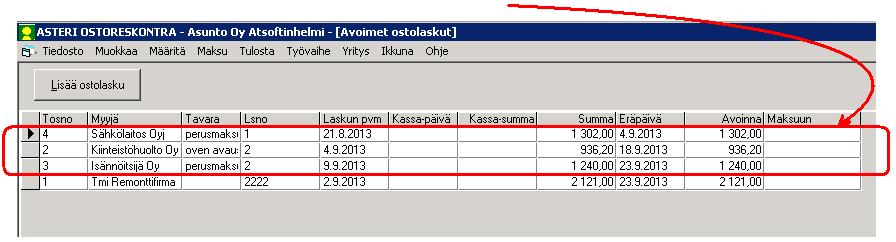 kolme uutta laskua Asunto Oy