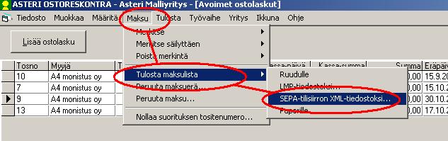 Asteri Ostoreskontra KÄYTTÖOHJEET 59/109 5.5 SEPA-MAKSUTIEDOSTON MUODOSTAMINEN SEPA-maksutiedoston tekeminen tapahtuu toiminnolla Maksu Tulosta maksulista SEPA-tilisiirron XML-tiedostoksi.