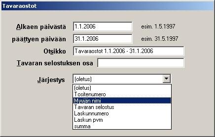 Asteri Ostoreskontra KÄYTTÖOHJEET 73/109 6.9 TAVARAOSTOJEN AAKKOSTUS Tulosta Tavaraostot -toiminnossa voit valita aakkostuksen: 6.