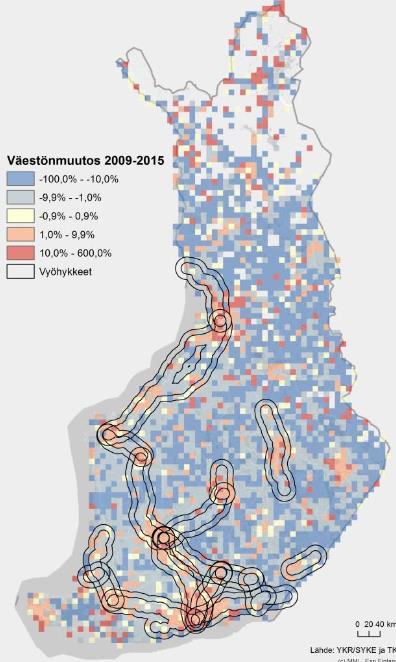 VÄESTÖMUUTOS (%) 10 X 10 KILOMETRIN RUUDUKOSSA VUOSINA 2009-2015 PUNAISET punaisissa ruuduissa väestö on kasvanut vuosina 2009-2015 SINISET sinisissä ruuduissa väestö on vähentynyt vuosina 2009-2015