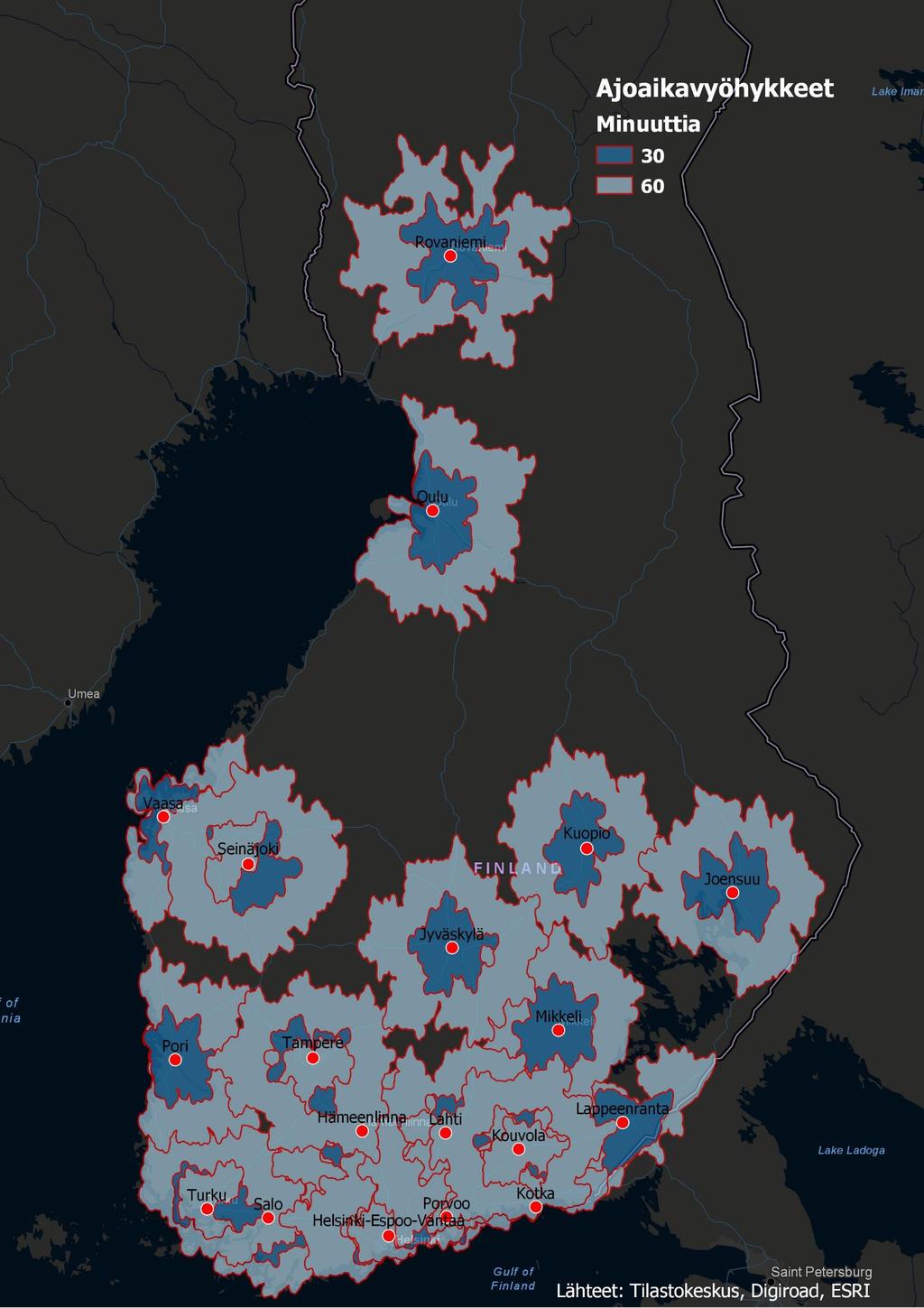 C21 KAUPUNKISEUTUJEN TOIMINNALLISET TUNNIN VYÖHYKKEET 30 + 60 minuutin ajoaikaetäisyysvyöhykkeet C21 kaupungeissa ja kaupunkiseuduilla VAASA- JOENSUU linjan eteläpuoli lähes kokonaisuudessaan