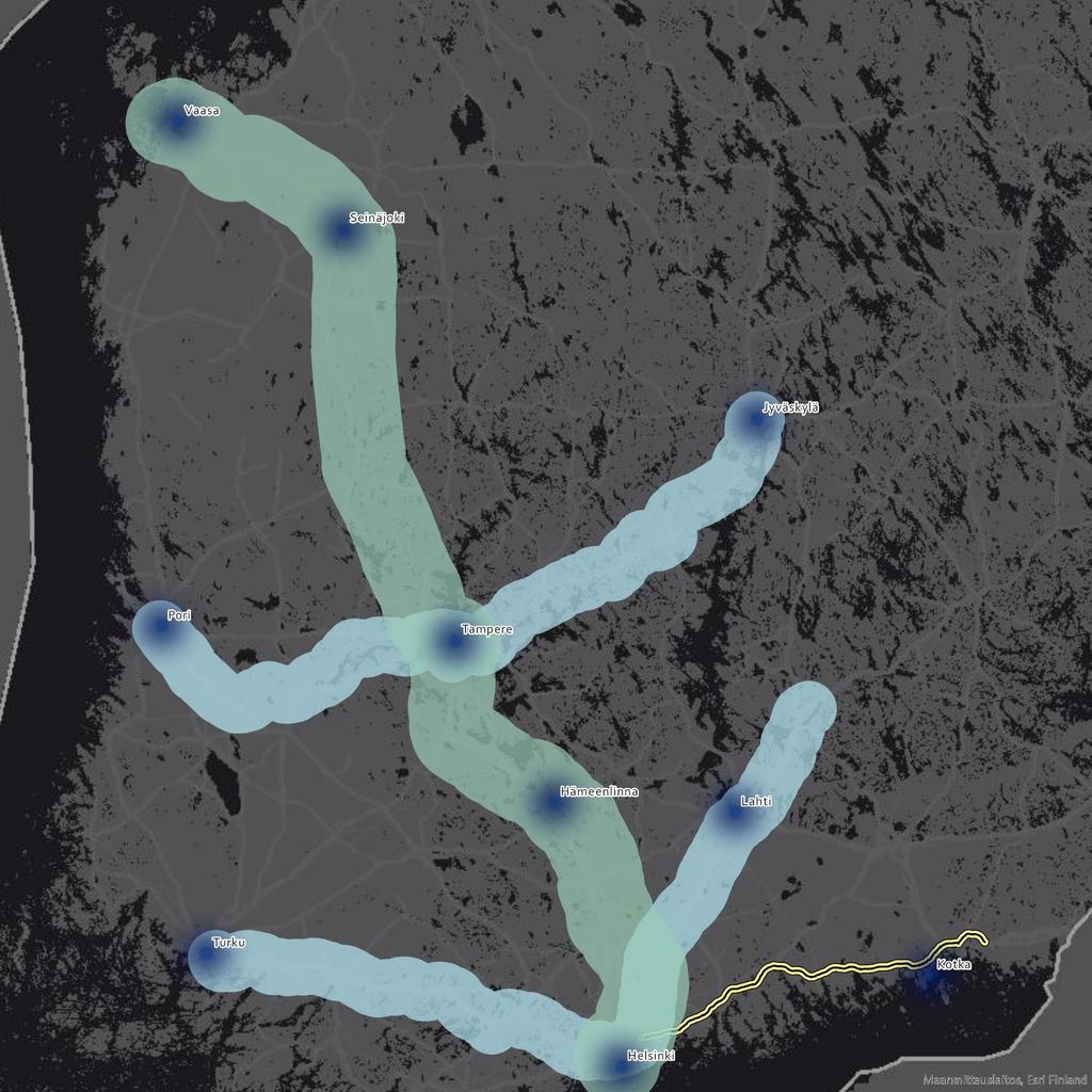 CASE-ESIMERKKI 1 KESKINÄISRIIPPUVUUDESTA: Lentorata ja tunnin junat pääradalle Vaasa Vihreä bufferi =30 km alue Sininen bufferi= 20 km alue Seinäjoki 1 tunti Jyväskylä 1 tunti Pori Tampere 1 tunti
