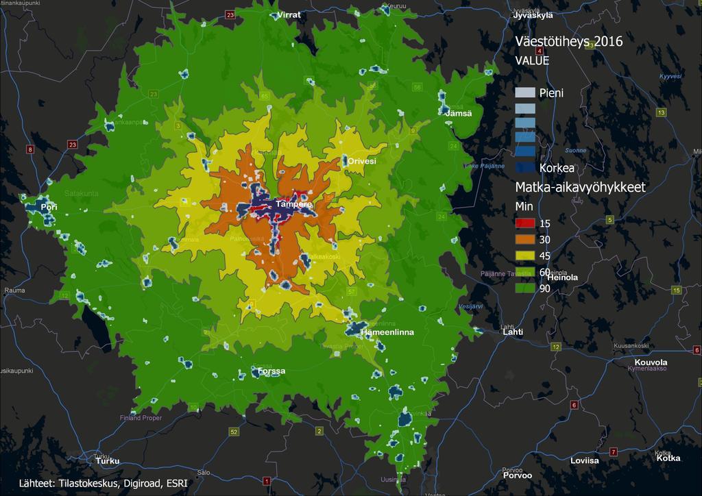 CASE-ESIMERKKI 2 KESKINÄISRIIPPUVUUDESTA: Rajaton Tampereen kaupunkiseutu AJOAIKA TAMPE- REEN RAUTATIE- ASEMALTA Lähde: Tilastokeskus, ruutuaineisto Kartta: Timo Widbom 2018 Analyysi ja luokittelu: