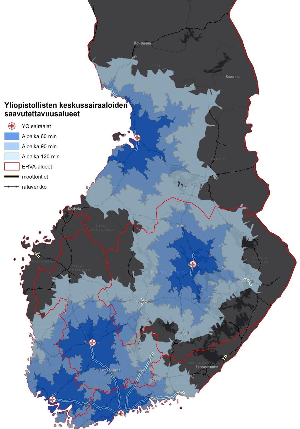 CASE-ESIMERKKI 4 KESKINÄISRIIPPUVUUDESTA: yliopistollisten keskussairaaloiden vaikutusalueet 60 tummansinisellä 60 minuutin saavutettavuusalueet