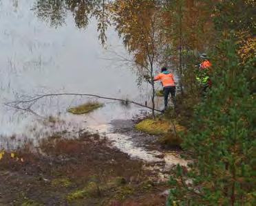 Kuva 60. Vasemman puoleisessa kuvassa pintaveden fysikaalista mittausta Ylöjärven suljetun kaivoksen rikastushiekan jätealueen padon läheisyydessä. Etualalla nähtävissä suotoveden synnyttämä uoma.