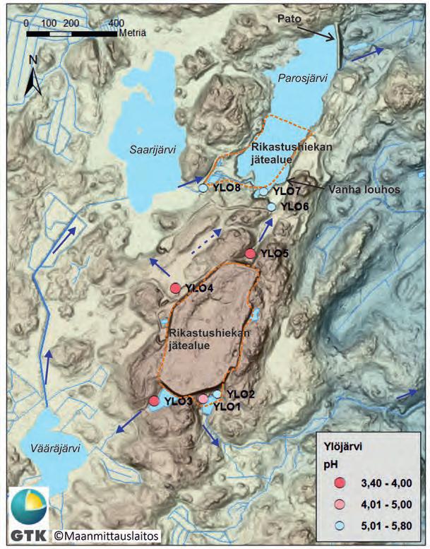 Kuva 61. Ylöjärven suljetun kaivosalueen rikastushiekan jätealueen (oranssi katkoviiva) sijainnit, pintavesien ph-arvot (pallosymbolit), kohdetunnukset (ks.
