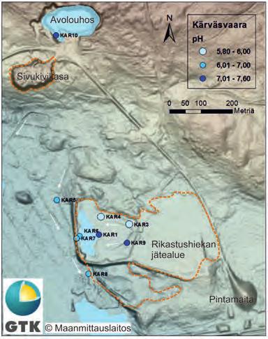 Redox-arvot vaihtelivat Rytilammen rantakosteikkoa (-14 mv) lukuun ottamatta 76 195 mv välillä, ja sulfidien hapettumiseen viittaavia korkeita lukemia ei alueella mitattu.