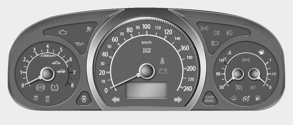 Autosi ominaisuudet MITTARISTO Bensiinimoottori Tyyppi A Tyyppi B 1. Kierroslukumittari 2. Suuntavilkut 3. Nopeusmittari 4. Moottorin lämpömittari 5. Varoitus- ja merkkivalot 6.