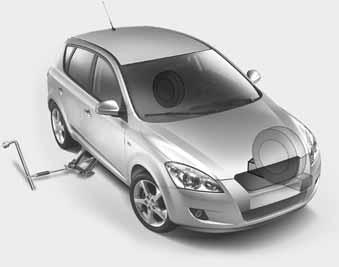 Ongelmatilanteessa OED066031 4. Poista pyöränmutteriavain, tunkki, tunkin varsi ja varapyörä autosta. 5. Estä nostettavan pyörän vastakkaisessa kulmassa oleva pyörä kiilalla etu- tai takapuolelta.
