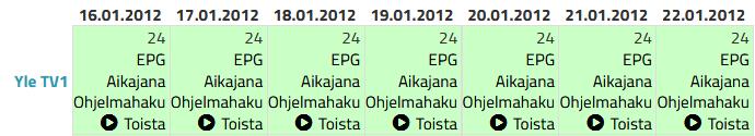 2 Audio/Videotallenteet Kanavan perään kullekin viikolle on listattu kyseiseltä viikolta saatavilla olevat tallennetunnit. Viikkopalkkia klikkaamalla pääsee tarkastelemaan kyseisen viikon tallenteita.