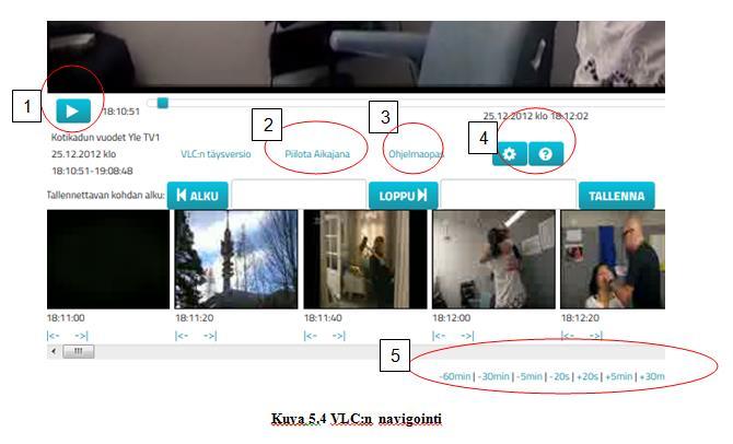 1: Play/pause 2: Aikajana/Piilota aikajana: alareunaan ilmestyy pikkukuvat, joiden avulla navigointi on helppoa (voit myös pysäyttää suoratoiston ja palata tietuesivulle, josta käsin navigointi