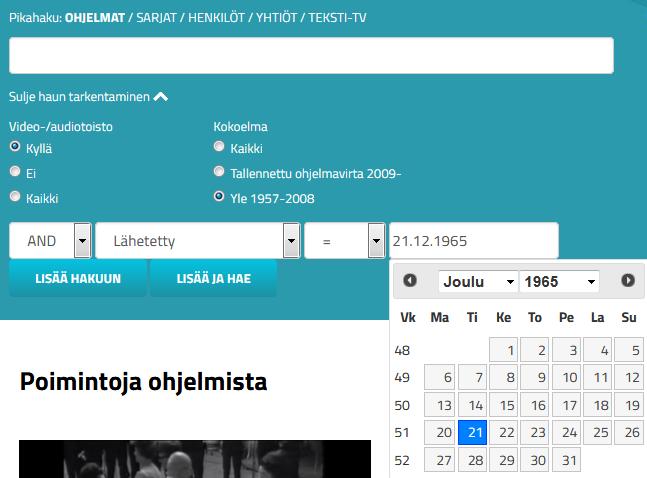 Haettavat kokoelmat ovat siis Tallennettu ohjelmavirta 2009 ja Yle 1957 2008.