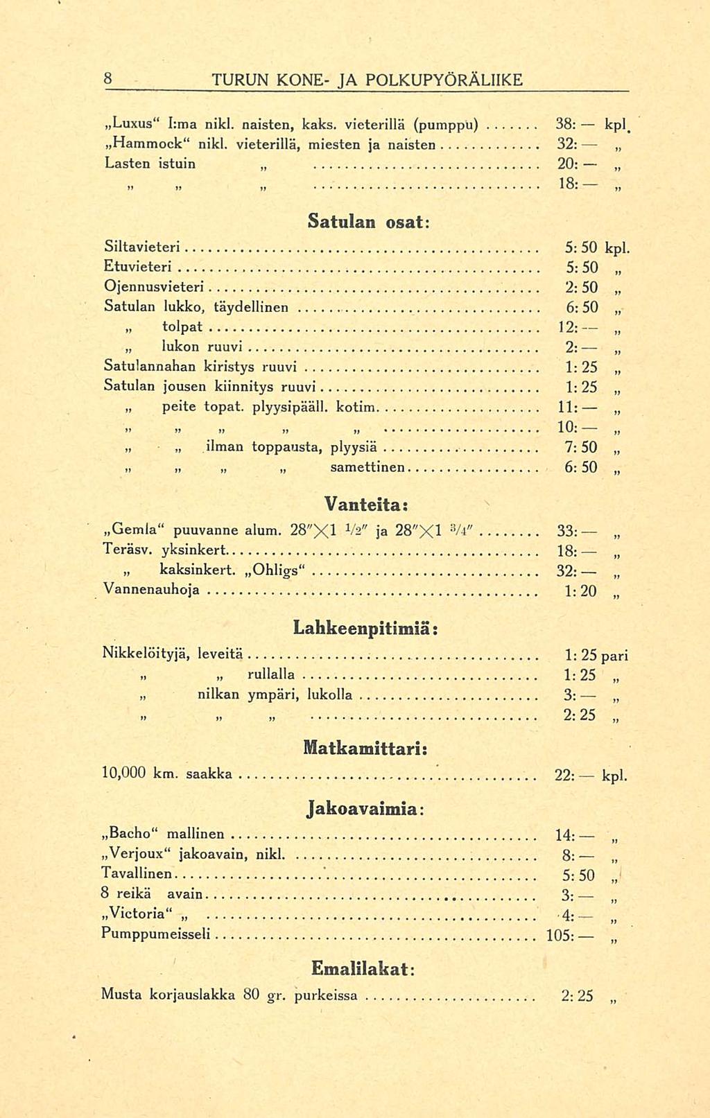 rullalla 5: TURUN KONE- JA POLKUPYÖRÄLIIKE Luxus I:ma nikl. naisten, kaks. vieterillä (pumppu) 38: kpl_ Hammock nikl.