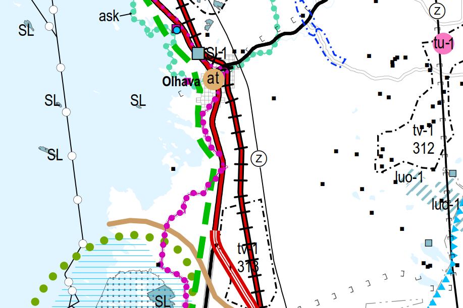 Ote voimassaolevien maakuntakaavojen ja 3.vaihemaakuntakaavan luonnoksen yhdistelmäkartasta (ei mittakaavassa).