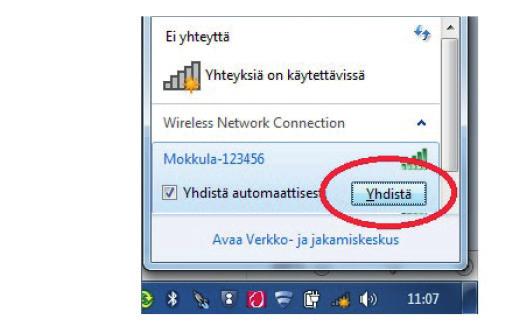 Laita ruksi kohtaan Yhdistä automaattisesti / Connect automatically ja paina yhdistä / Connect. Seuraavaksi tietokone kysyy langattoman verkon suojausavainta eli salasanaa.