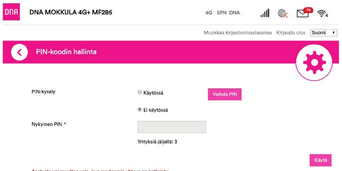 Kotimokkulan asetusten muuttaminen PIN-koodin syöttäminen Mikäli SIM-kortilla on käytössä jokin muu PIN-koodi kuin 1234, pitää PIN-koodi syöttää asetussivujen kautta.