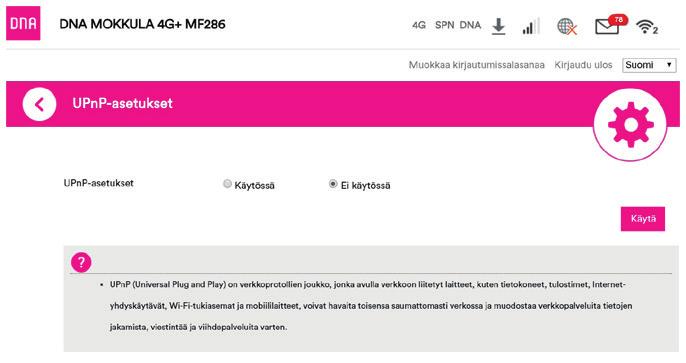 Oletuskäyttäjänimi on admin. Oletussalasana on 1234. ➂ Valitse pääsivulta lisäasetukset ja aukenevasta ylävalikosta Palomuuri. ➃ Valitse UPnP. ➄ Laita ruksi kohtaan Käytössä. ➅ Paina Käytä. Huom!