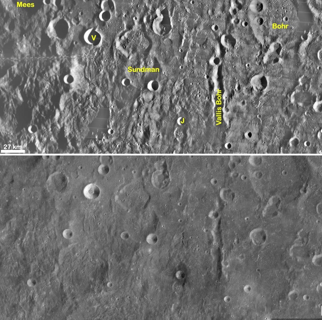 Kuva 15. Sundmanien alue 1960-luvun Lunar Orbiterien (yllä) ja 2000-luvun Kaguya/SELENE Terrain Cameran (alla) kuvamosaiikeissa.