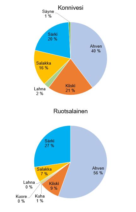 Kuormituspisteiden alapuolisella Konnivedellä kiiski ja salakka olivat runsaslukuisempia kuin kuormitusalueen yläpuolisella Ruotsalaisella. Kuva 3.