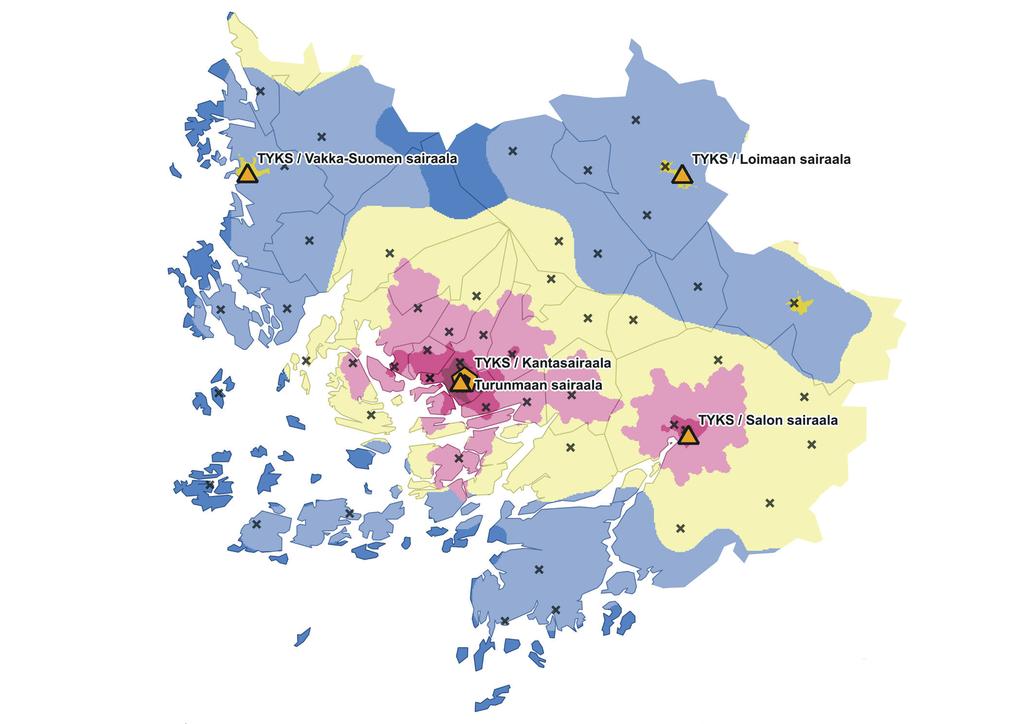 Kuvio 2 Varsinais-Suomen maakunnan terveydenhuollon palveluverkko ja kaupunki maaseutu-luokitus (SYKE) Kaupunki maaseutu luokitus Sisempi kaupunkialue Ulompi kaupunkialue Kaupungin kehysalue