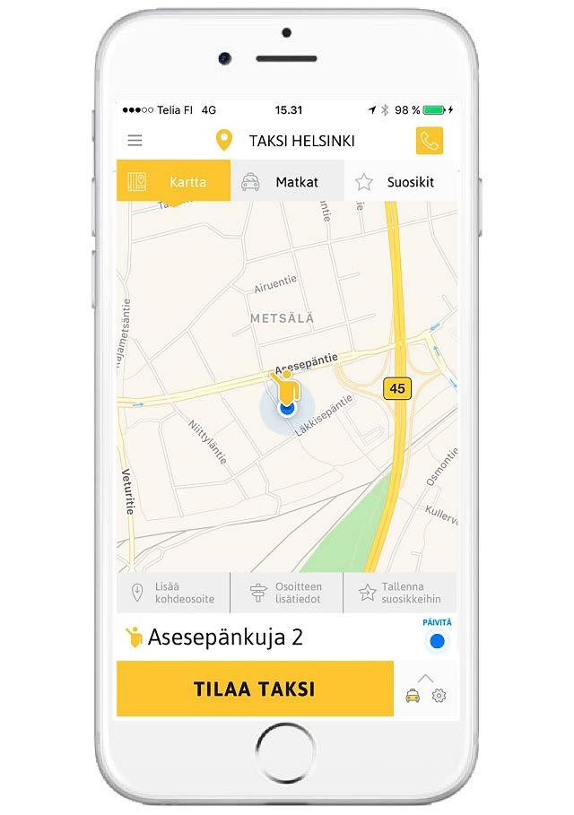 Taksi Helsinki -sovellus Taksi Helsinki mobiilisovellus on ollut asiakkaiden käytössä jo hyvän aikaa ja suosio kasvaa koko ajan. Matkamäärien kasvaessa on tärkeää, että tarjontaa on riittävästi.